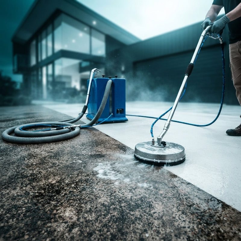 A professional industrial spray extraction machine cleaning a concrete driveway, showing a clear contrast between dirty and c